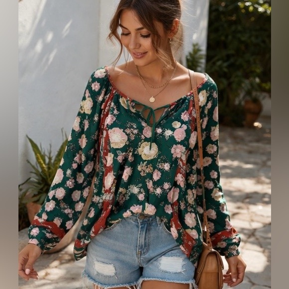 Daniel Rainn Tops - 🌿 DR2 Daniel Rainn Floral Boho Tunic Blouse XL Green Flowy Tassel Top